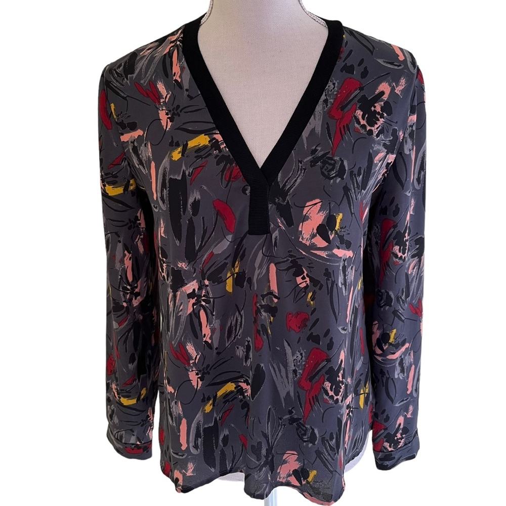 Halogen Grey with Pink/Yellow/Black/Wine Abstract Print V-neck Chiffon Blouse